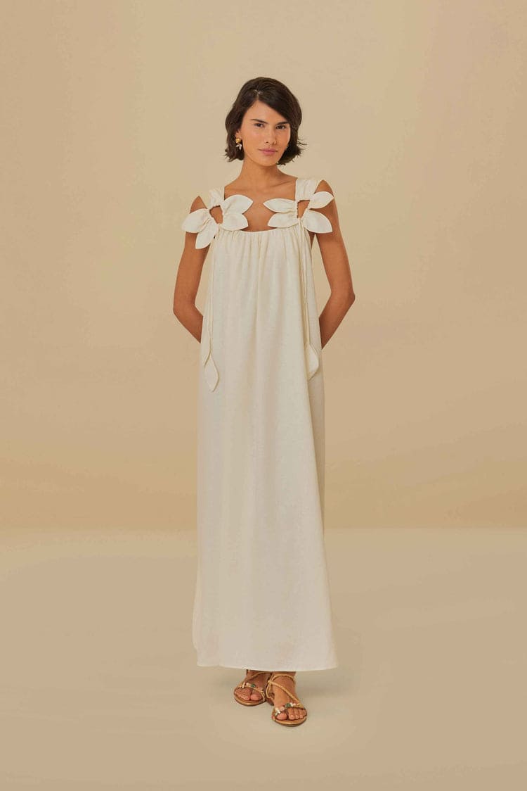 White Floral Details Sleeveless Midi Dress