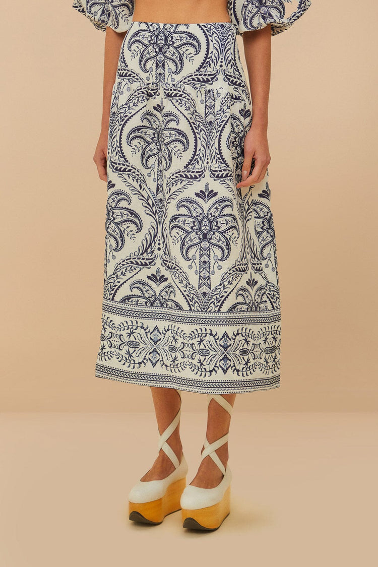 Blue Tropical Cameo Off-White Midi Skirt
