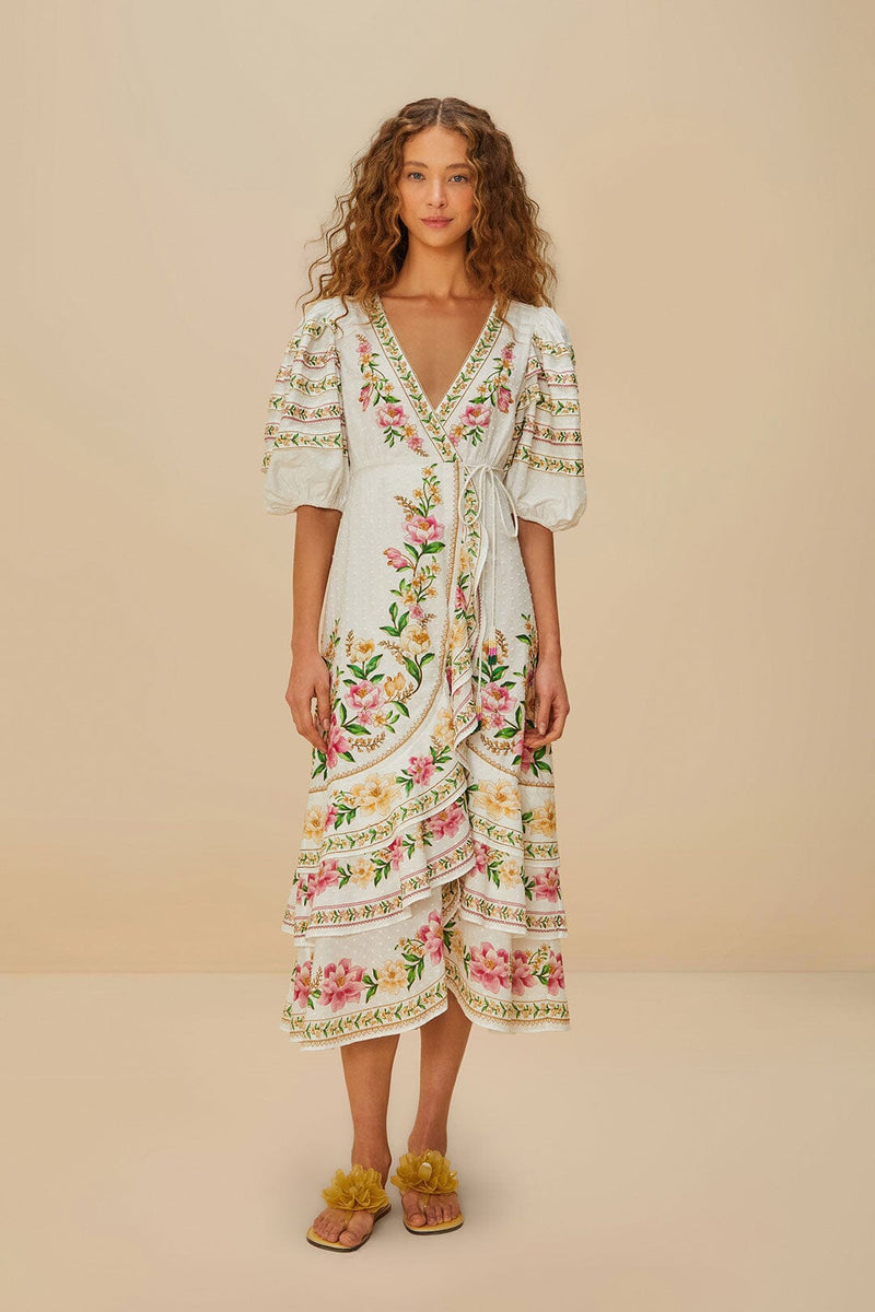 Palm Dream Off-White Wrap Midi Dress