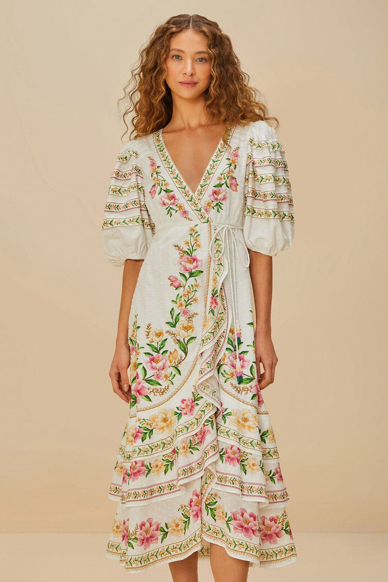 Palm Dream Off-White Wrap Midi Dress