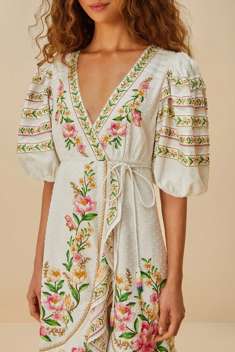 Palm Dream Off-White Wrap Midi Dress