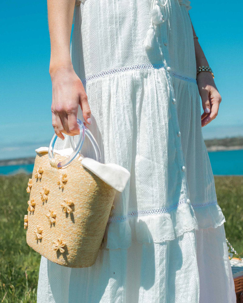 Floral Handbag with Acrylic Handle Leghorn Straw