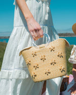 Floral Handbag with Acrylic Handle Leghorn Straw