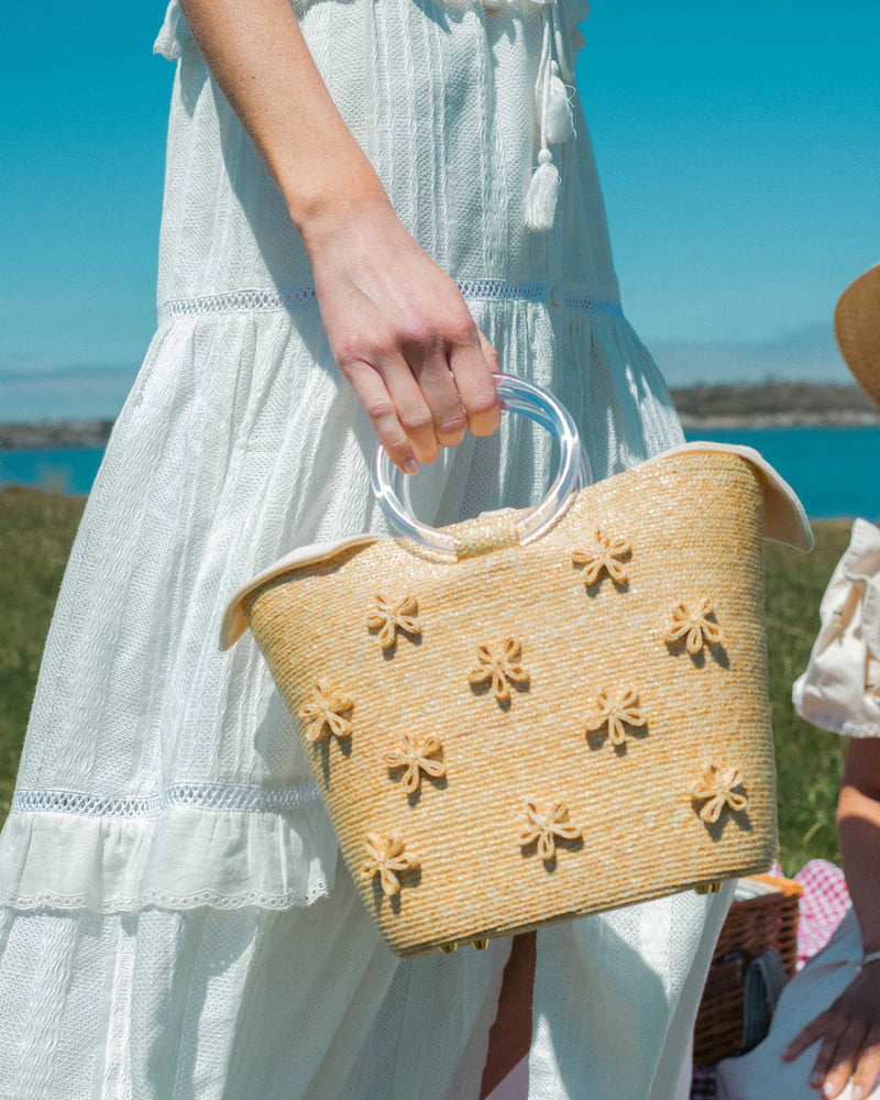 Floral Handbag with Acrylic Handle Leghorn Straw
