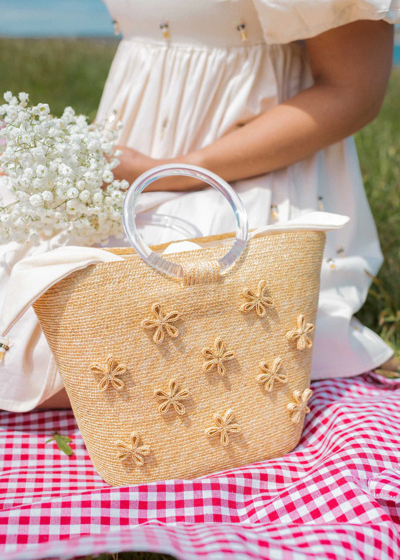 Floral Handbag with Acrylic Handle Leghorn Straw