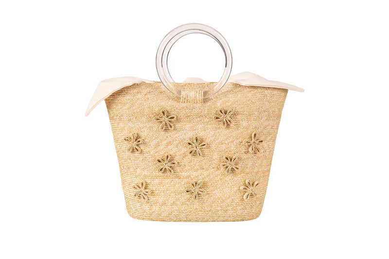 Floral Handbag with Acrylic Handle Leghorn Straw