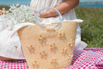 Floral Handbag with Acrylic Handle Leghorn Straw