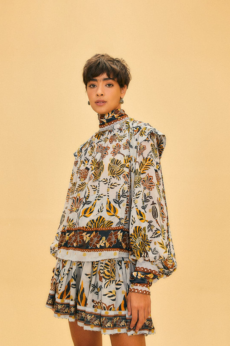 Floral Tapestry Silver Mini Skirt